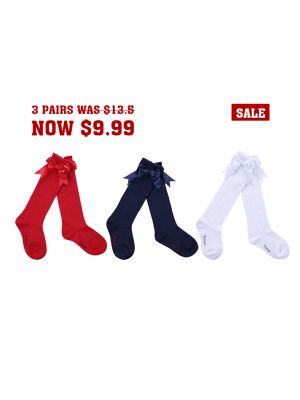 3 Pairs Bow-knot Knee-length Girls Socks(Red, Navy Blue, White)