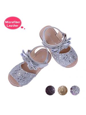 Silver Glitter Sequin Girls Party Shoes With Handmade Bow-knot