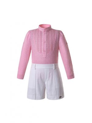 (ONLY 8Y) Pink Boys Clothing Set Stand Collar With Pleated Shirt And white Shorts Kids Clothes