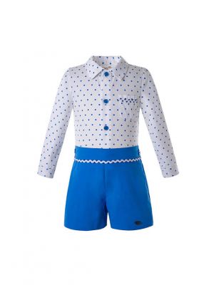 Clothing Set For Boys White Dot Top + Navy White Wave Shorts                             