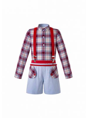 （ONLY 5Y）Boy's Autumn Suit Plaid Shirt + Strap Shorts