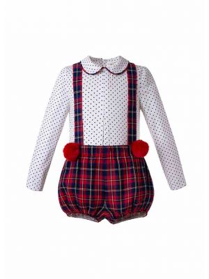 (ONLY 6-9M) Party Boys Clothing Set White Polka Dot Shirt + Red Grid Strap Shorts