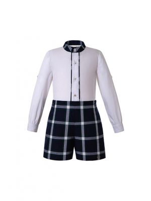 (Only Size 8Y) Boutique Boys Button Clothing Sets White Shirt +  Grid Shorts