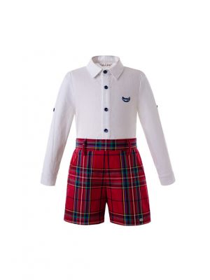 Red  Boys Button Clothing Sets Embroidery White Shirt +  Red Grid Shorts