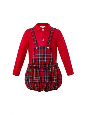 Red Boutique Toddler Boys Clothing Set Red Shirt + Grid Suspenders Pants