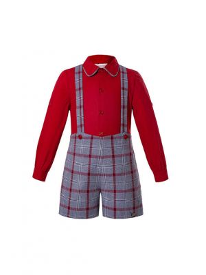 Party Boutique Kids Boys Clothing Sets Red Shirt + Grey Grid Suspenders Shorts