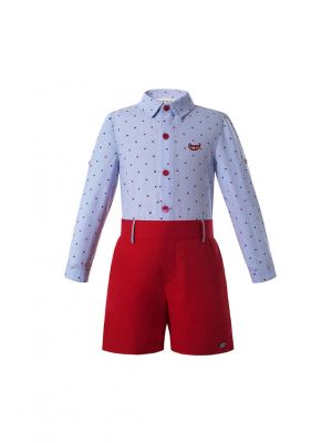 Boys Summer Kids Clothing Outfit Light Blue Character Shirt + Red Shorts