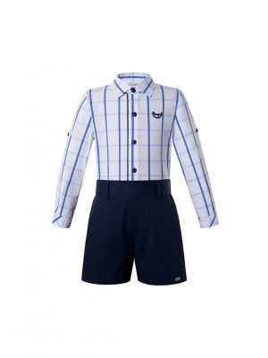 Boys Clothing Sets Blue Grid Shirt + Black Shorts