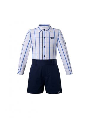 (ONLY 3Y)Boys Clothing Sets Blue Grid Shirt + Black Shorts