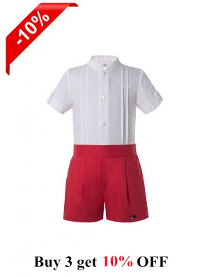 2 Pieces Babies Boutique Boys Kids Clothing Summer Outfit White Shirt + Red Shorts