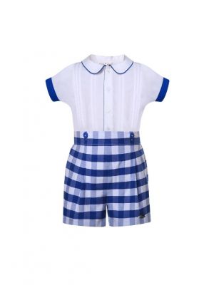 (ONLY 8Y Left)Boys White Shirt + Blue Plaid Shorts