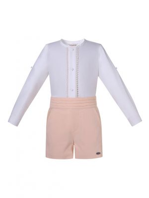 (PRE-ORDER)Boys Crew Collar Clothing Set White Shirt and Light Pink Shorts