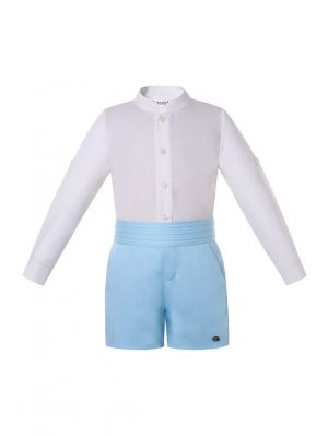 (PRE-ORDER)2 Pieces Boys Kids Clothing Set White Long Sleeves Shirt + Blue Shorts