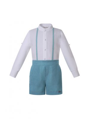 (PRE-ORDER)2 Pieces Boys White Shirt with Lace detailed + Sky Blue Shorts