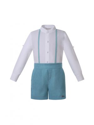 2 Pieces Boys White Shirt with Lace detailed + Sky Blue Shorts