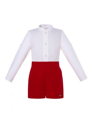 Kids Long Sleeve White Shirt + Red Shorts