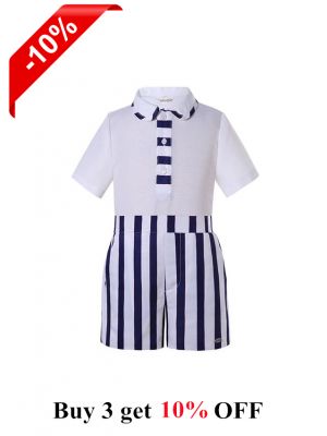 Kids White Short Sleeve Shirt + Black White Striped Shorts