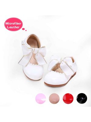 White Microfiber Leather Girls Shoes With Handmade Bow-knot 