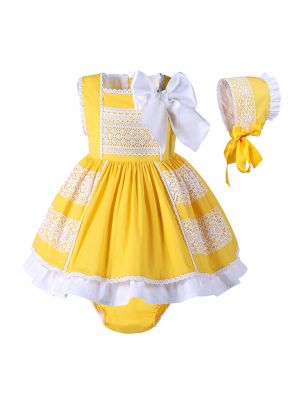 3 Pieces Babies Yellow Cotton Dress +Bloomers + Cute Bonnet                                                                                                           