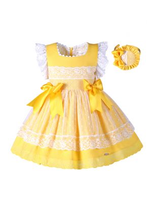Girls Easter Yellow Cotton Dress + Handmade Headband                          