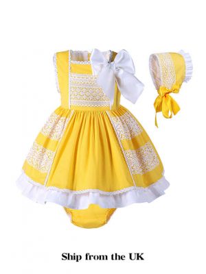 (UK ONLY)3 Pieces Babies Yellow Cotton Dress +Bloomers + Cute Bonnet