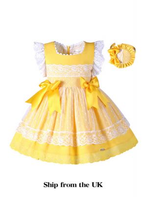 (UK ONLY)Girls Yellow Cotton Dress + Handmade Headband