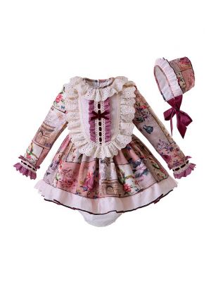 3 Pieces Babies Lace Bow Clothing Set With Bow Top +Bloomers + Bonnet