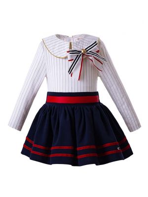Striped England Style Clothing Sets Blouse + Royal Blue Skirt