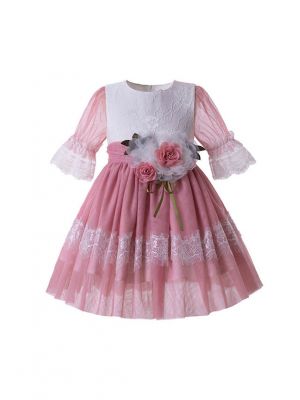 Girl Pink Rose Flower Mesh Communion Pageant Dress