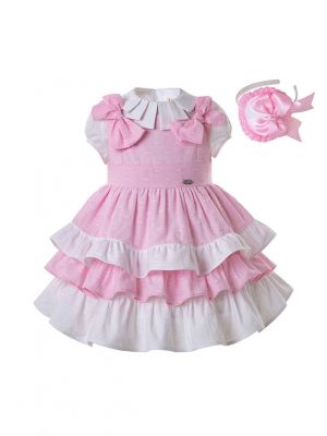 3 pieces Girls Pink Clothing Set White Blouse + Pink Layered Dress + Handmade Headband