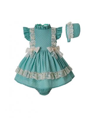 3 Pieces Baby Lace Bows Mint Green Dress + Bloomers + Bonnet