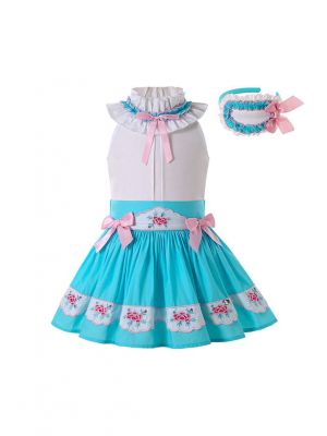 Classical Girls Outfits Irregular Collar White Shirt and Blue Print Skirt + Headband