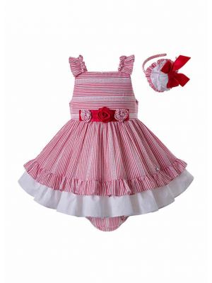 (ONLY 6-9M) Red Stripe Toddler Babies Summer Clothes Set + Bloomers + Bonnet