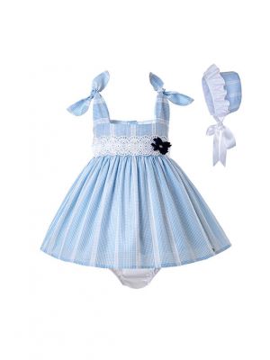 (Only Size 9-18M) 3 Pieces Cute Bows Babies Matched Flower Princess Outfits + Light Blue Bloomers + Hat
