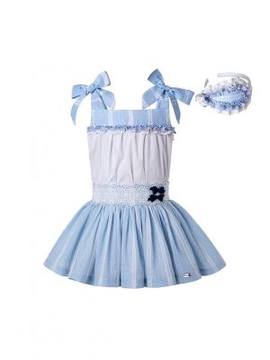 Summer Blue Matched Flower Girls Reffle Dress + Hand Headband