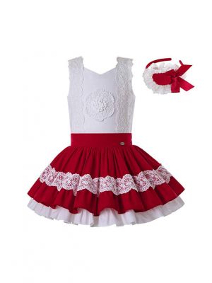 (Only Size 10&12Y)Summer Girls Clothing Set Red Lace Shirt + Red Princess Skirt +Hand Headband