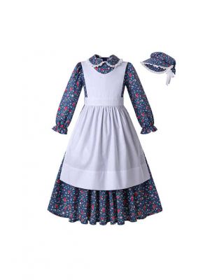 Girls Blue Prairie Costume Pioneer Dress With Flower Printed