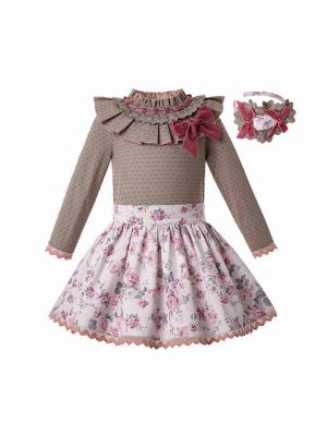 Autumn Girls Bow Children Brown Dot Blouse + Flower Print Skirt Girl Clothing Set + Hand Headband 