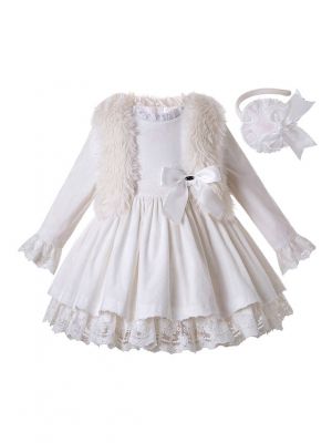 3 Pieces White Lace Corduroy Cotton Girls Autumn Dress + Faux Fur Vest + Handmade Headband