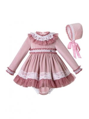 3 Pieces Lace Knitted Velour Fabric Babies Autumn Dress + Cotton Shorts + Bonnet