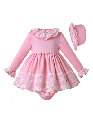 3 Pieces Babies Pink Knit Fluffy Autumn Birthday Party Lace Dress + Bloomers + Cute Bonnet