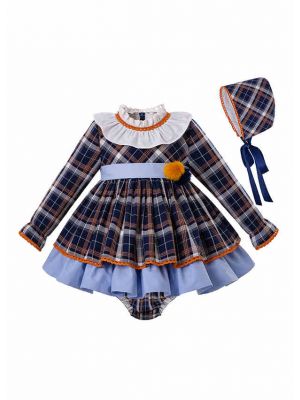 (Only Size 6-12M) 3 Pieces Babies   Blue Grid Autumn Dress + Bloomers + Hat