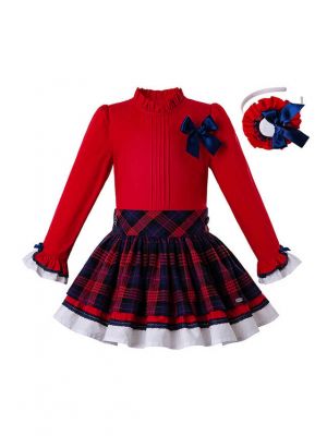 Party Girls Clothing Set Red Shirt With Bow + Red Grid Skirts + Hand Headband