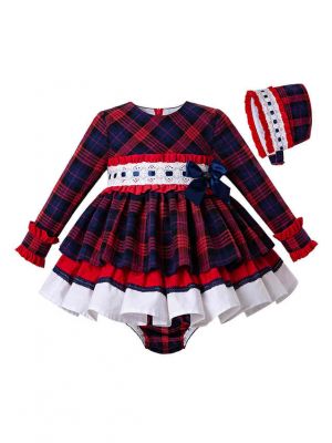 3 Pieces  Babies Princess Party Kids Red Grid Dress + Bloomers + Bonnet