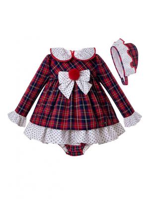 (Only Size 9-18M) 3 Pieces Babies Red Babies Doll Collar Grid Dress + Bloomers + Bonnet