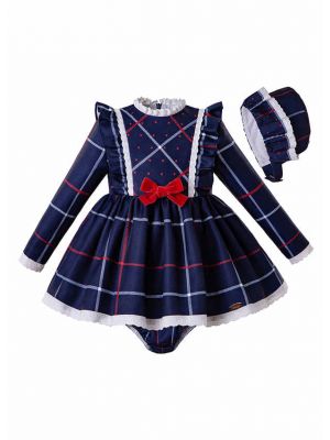 3 Pieces Autumn Babies Blue Ruffle Grid Bow Infant  Dress +  Bloomers + Bonnet
