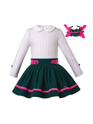 Girls Boutique Clothing Set Doll Collar White  Shirt + Blackish Green Skirt +Hand Headband