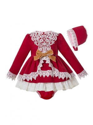 3 Pieces Babies Girls Red Lace Appliques Princess Dress With Brown Vintage Bow + Bloomers + Hat