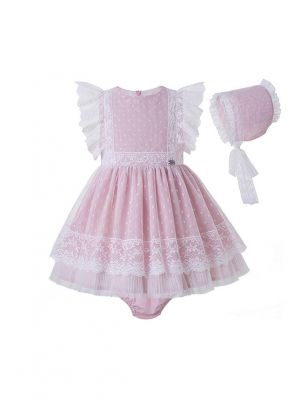 3 Pieces Babies Sweet Solid Pink Ruffled Boutique Outfits + Cute Bloomers + Hat