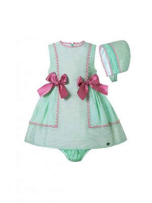 3 Pieces Babies Mint Green Boutique Preppy Style Outfit With Bows + Cute Bloomers + Hat